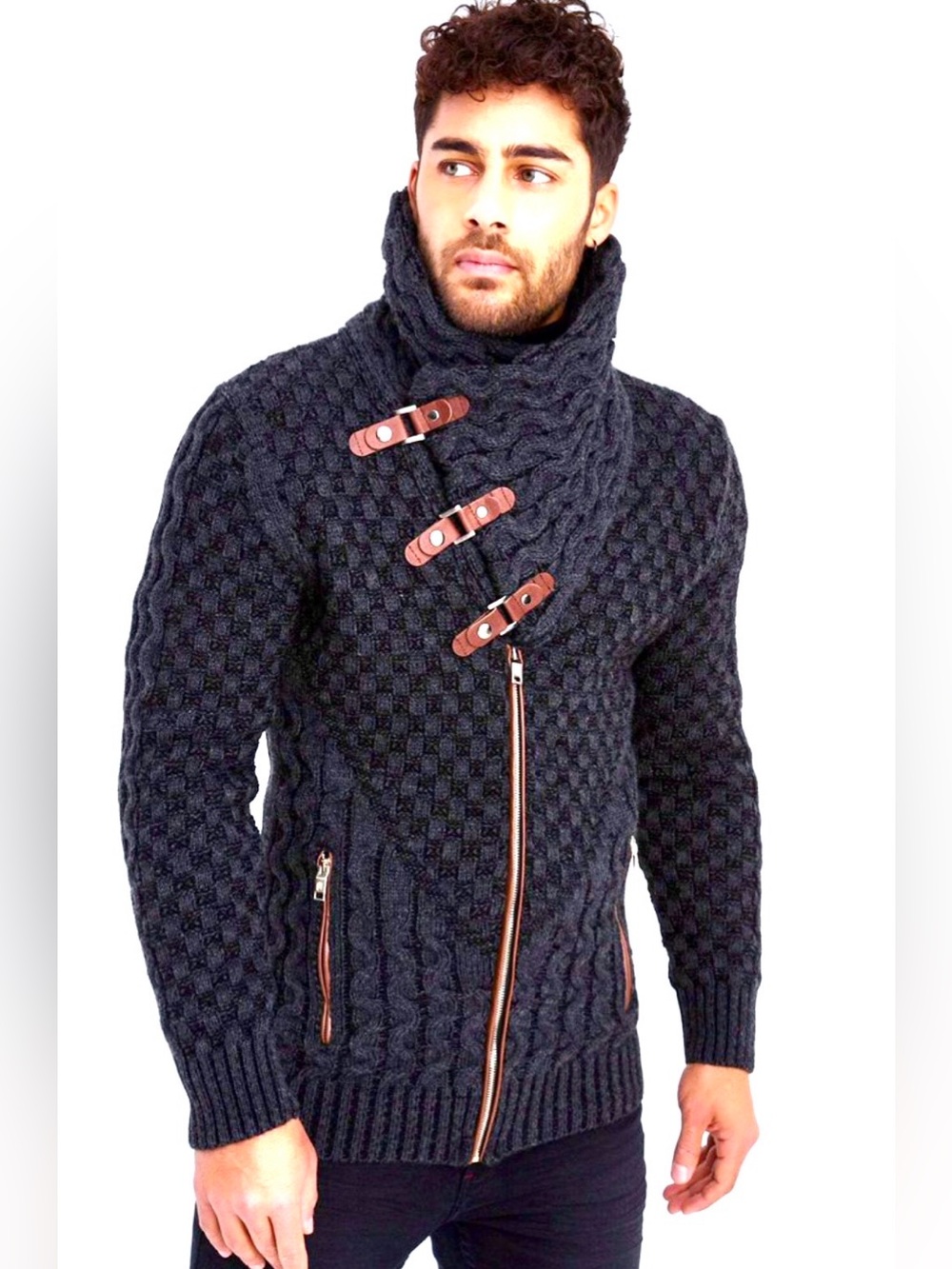 Men's Charcoal Cable-Knit Zip Sweater with Toggle Straps
